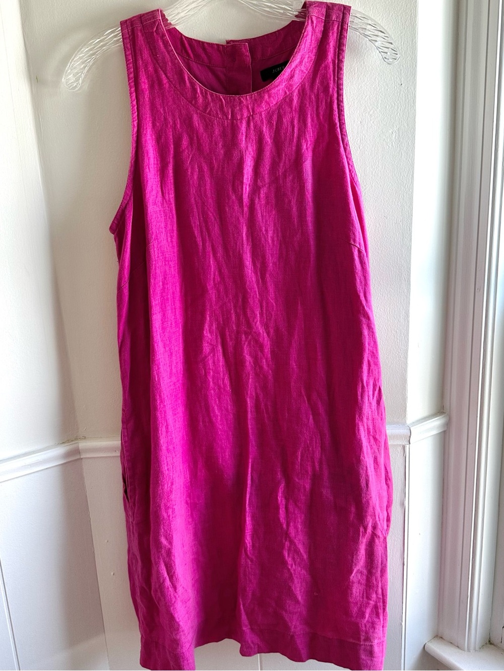 J. Crew Bright Pink Sleeveless Linen Shift Dress Button Back With Pockets XS